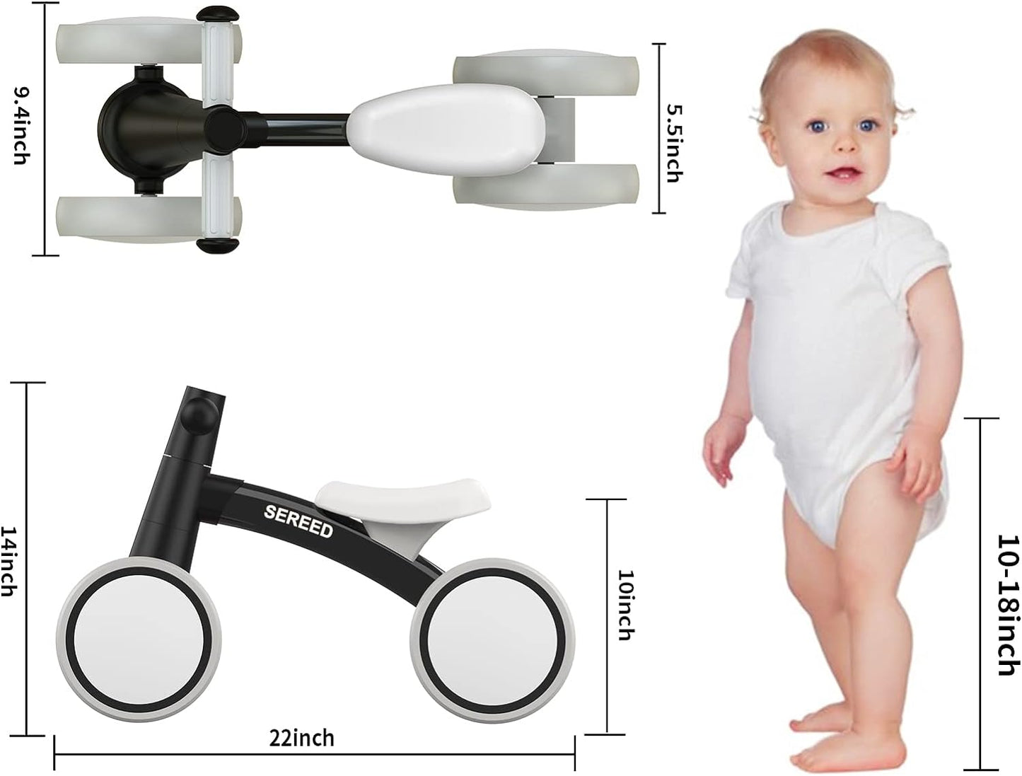 SEREED Baby Balance Bike for 1 Year Old Boys Girls 12-24 Month Toddler Balance Bike, 4 Wheels Toddler First Bike, First Birthday Gifts