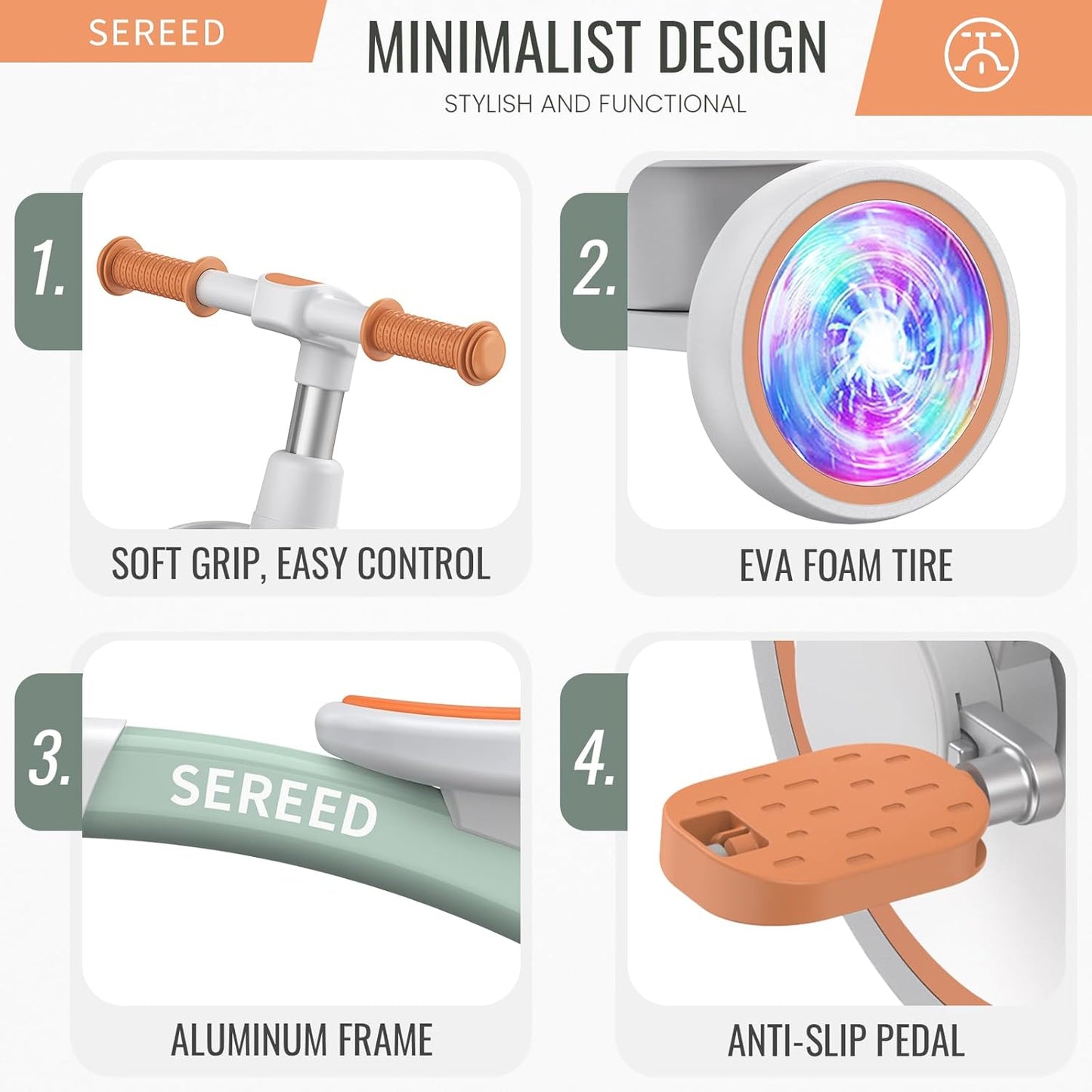 SEREED Colorful Lighting Toddler Tricycle for 2-5 Years Old Boys Girls, Adjustable Seat&Handlebar Trike, Removable Basket, Birthday Gift Idea for Kids Ages 2+ (Green)