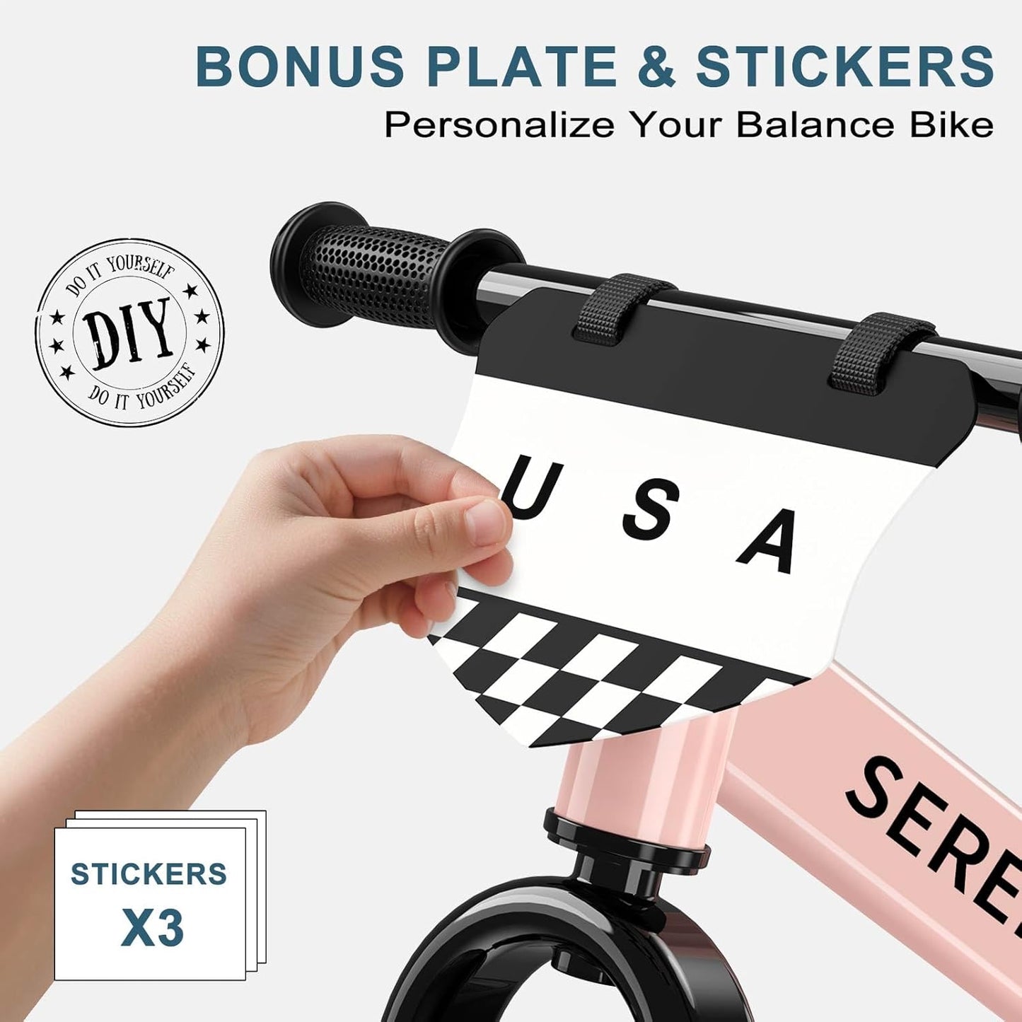 SEREED Toddler Balance Bike 2 Year Old, No Pedal Kids Toy Bike for 2-5 Years Old, Tool-Free Adjustment, Gift for 2-3 Girls, Customize Plate with 3pcs Stickers (Pink)