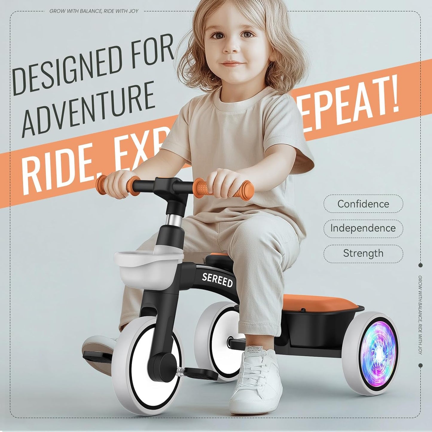 SEREED Colorful Lighting Toddler Tricycle for 2-5 Years Old Boys, Adjustable Seat&Handlebar Trike, Removable Basket, Birthday Gift Idea for Kids Ages 2+ (Black)