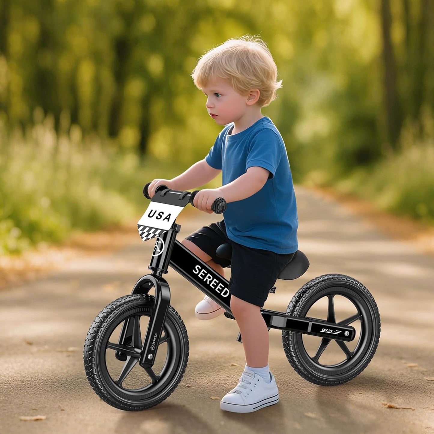 SEREED Toddler Balance Bike 2 Year Old, No Pedal Kids Toy Bike for 2-5 Years Old, Tool-Free Adjustment, Gift for 2-3 Boys Girls, Customize Plate with 3pcs Stickers (Black)