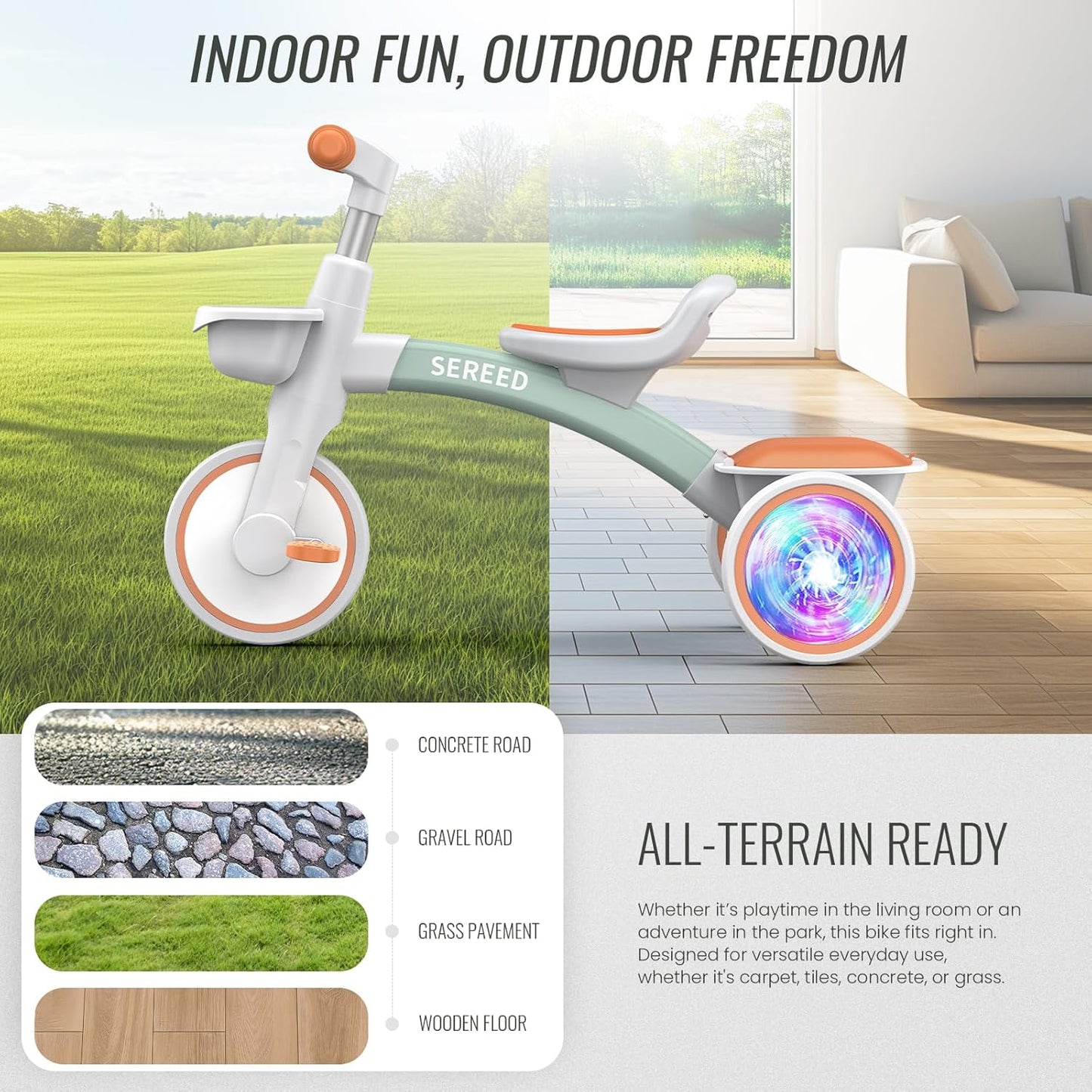 SEREED Colorful Lighting Toddler Tricycle for 2-5 Years Old Boys Girls, Adjustable Seat&Handlebar Trike, Removable Basket, Birthday Gift Idea for Kids Ages 2+ (Green)