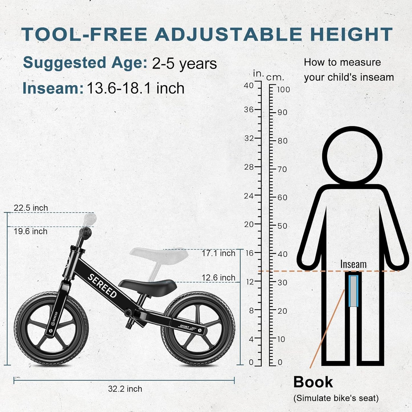 SEREED Toddler Balance Bike 2 Year Old, No Pedal Kids Toy Bike for 2-5 Years Old, Tool-Free Adjustment, Gift for 2-3 Boys Girls, Customize Plate with 3pcs Stickers (Black)