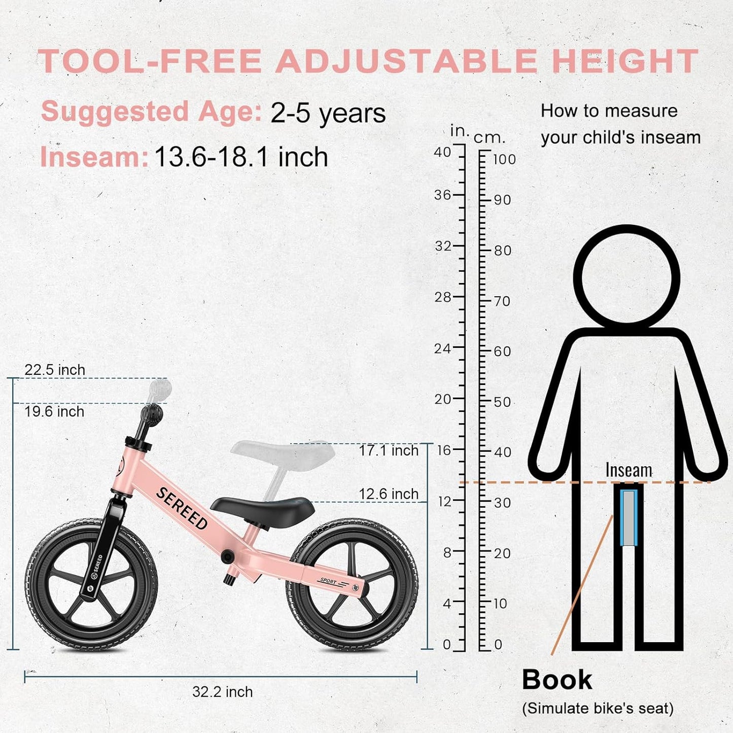 SEREED Toddler Balance Bike 2 Year Old, No Pedal Kids Toy Bike for 2-5 Years Old, Tool-Free Adjustment, Gift for 2-3 Girls, Customize Plate with 3pcs Stickers (Pink)