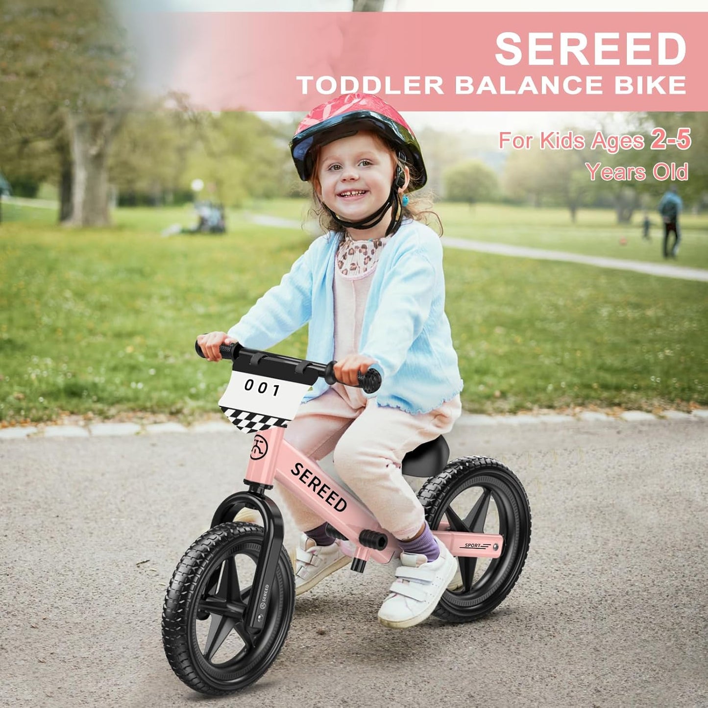 SEREED Toddler Balance Bike 2 Year Old, No Pedal Kids Toy Bike for 2-5 Years Old, Tool-Free Adjustment, Gift for 2-3 Girls, Customize Plate with 3pcs Stickers (Pink)